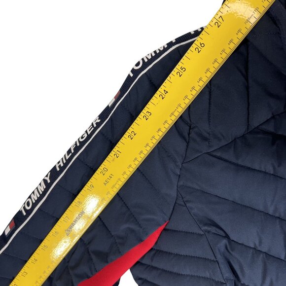 Tommy Hilfiger Women M Puffer Hooded Jacket Branded Strip Down Sleeves Flag Logo - Picture 13 of 16
